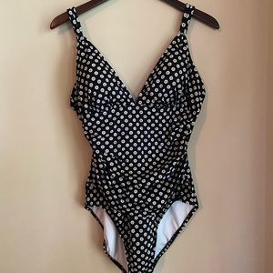 Black Polka Dot Ruched Tummy Control One Piece Swimsuit